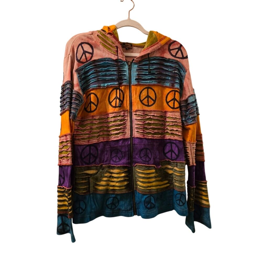 Rising International Peace Sign Print Hoodie Full Zip Sweater M Boho Heritage